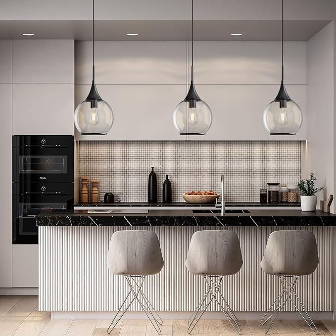 Pendant Lights Kitchen Island: 3 Pack Black Light Fixture Modern with Clear Glass - 10 Inch Mid Century Globe Kitchen Lighting Fixtures Ceiling for Hallway Bar