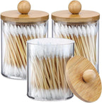 AXX Qtip Dispenser Apothecary Jars Bathroom - Qtip Holder Storage Canister Clear Plastic Jar for Cotton Swab,Q-Tips,Cotton Rounds (G#Bamboo 4Pcs)