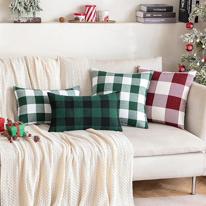 MIULEE Pack of 2 Christmas Buffalo Check Plaids Porch Throw Pillow Covers Classic Retro Linen Farmhouse Cushion Case Soft Pillowcases for Home Decor Sofa Bedroom Couch 18 x18 Inch Green and White