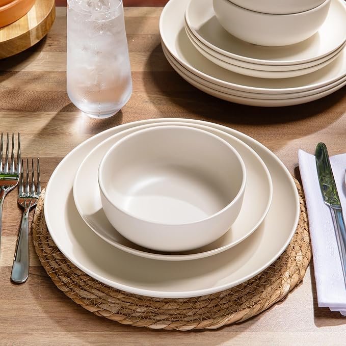 Larder & Vine 12-Piece Melamine Dinnerware Set: Durable, Lightweight, Break-Resistant Plates & Bowls – Stylish, Non-Toxic, Dishwasher Safe – Ideal for Everyday Use, Indoor & Outdoor Dining – Ivory