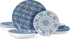 Bestone Porcelain Dinnerware Sets Service for 4, 12 pcs Hand drawn Plates and Bowls Sets, Handmade Ceramic Dish Set, Chip Resistant Modern Plate Set, Dishwasher/Microwave Safe，Vintage Blue