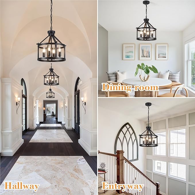 Cage Farmhouse Chandelier,Modern Pendant Light Fixture, Adjustable Height Industrial Black Chandeliers Pendant Light for Dining Room,Kitchen Island,Entryway-4 Light