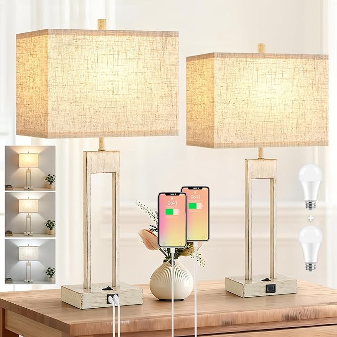 GyroVu 25.5" Nightstand Table Lamps for Bedrooms Set of 2, Bedside Lamp with USB C+A, 3 Colors Changeable Living Room Lamp, Modern Night Stand Lamps for Bed Side Guest Room Reading, Antique White
