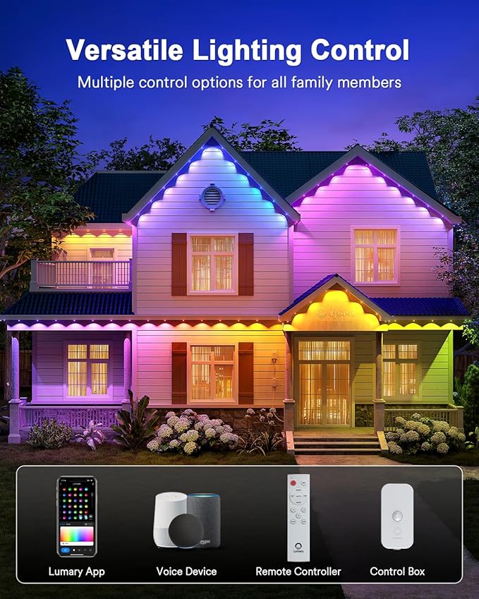 Lumary Permanent Outdoor Lights Max 158ft with 120 LED Eave Lights RGBAICW 7200lm, IP67 Waterproof, IC Control and Scene Modes for Halloween Christmas Decoration, Works with Alexa and Google Assistant