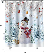 Snowman Shower Curtain, Blue Merry Christmas Tree Red Balls Squirrel Shower Curtains Set with Hooks, Winter Waterproof Fabric Bathroom Curtains Decor Home Accessories, Stall Long 54 X 78 Inch