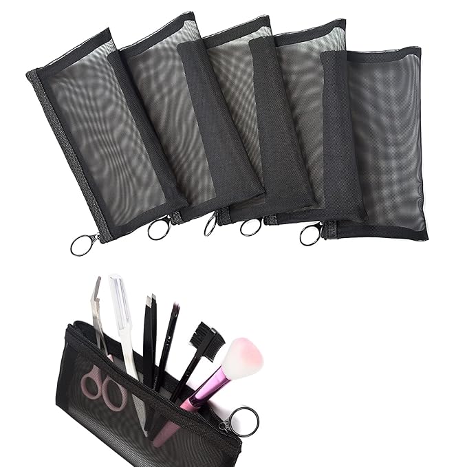 patu Zipper Mesh Bags, Long Case, 5 Pieces, Beauty Makeup Cosmetic Accessories Organizer, Travel Toiletry Kit Set Storage Pouch, Black