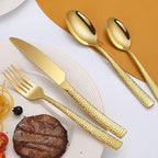 40-Piece Silverware Set, Gold Hammered Stainless Steel Flatware Sets for 8, Food-Grade Tableware Set, Including Fork Knife Spoon Set, Durable Home Kitchen Cutlery Sets, Dishwasher Safe, RX357