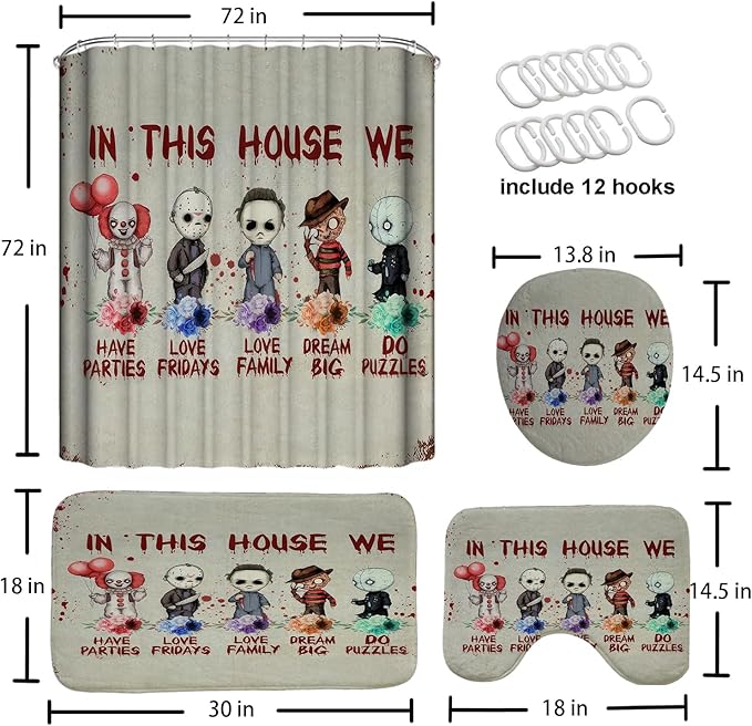 Halloween Horror Bathroom Decor Set with Creepy Cartoon Shower Curtain and Mats, 4-Piece Scary Bathroom Sets, Waterproof Curtain with Hooks, Non-Slip Rug Set for Spooky Decor