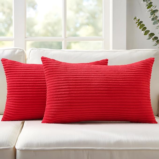 Mecatny Christmas Decorative Corduroy Throw Pillow Covers 12x20 Set of 2 for Sofa Living Room, Soft Neutral Boho Couch Pillow Covers for Home Decor, Red