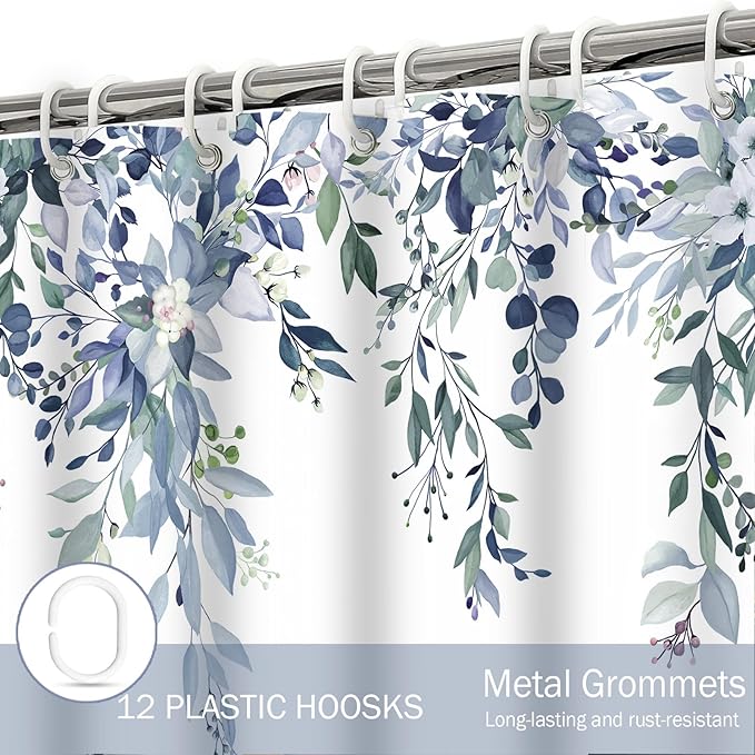 Eucalyptus Shower Curtain, Blue Watercolor Leaves with Floral Botanical Bathroom Decor, Waterproof Fabric Bath Curtain Set with Hooks, 36x72 Inches