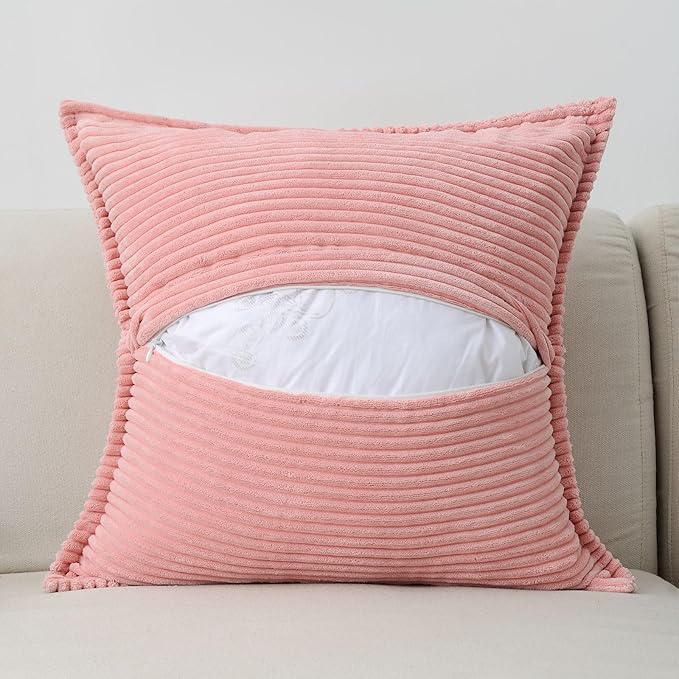 HAUSSY Pink Throw Pillow Covers 12x12 Inch Set of 2,Soft Solid Corduroy Striped/Wide Bordered,Square Decorative Cushion Case,Winter Home Decorations for Couch,Bed