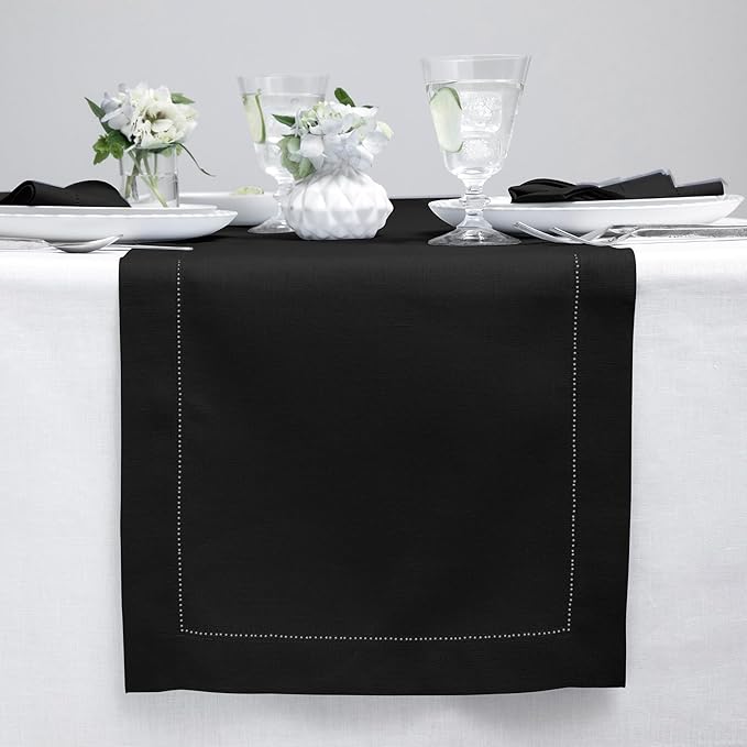 Solino Home Linen Black Table Runner 90 Inches Long - 100% Pure Linen Hemstitch 14 x 90 Inch Table Runner for Dining, Fall, Autumn, Halloween, Thanksgiving, Holiday - Classic Hemstitch