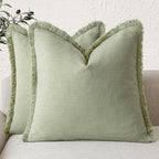 Foindtower Set of 2 Decorative Linen Fringe Throw Pillow Covers Boho Farmhouse Cushion Cover with Tassels Soft Accent Pillowcase for Couch Sofa Bed Living Room Home Decor,20×20 Inch,Light Sage Green