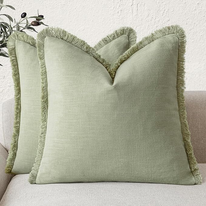Foindtower Set of 2 Decorative Linen Fringe Throw Pillow Covers Boho Farmhouse Cushion Cover with Tassels Soft Accent Pillowcase for Couch Sofa Bed Living Room Home Decor,20×20 Inch,Light Sage Green