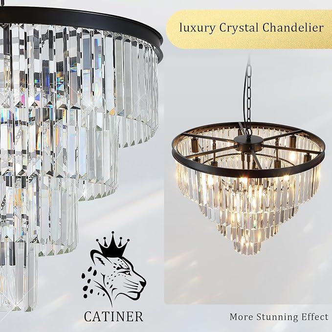 Modern Black Crystal Chandeliers,24” Ceiling Round Chandelier,Luxury Flush Mount Pendant Light Fixture with Chain Farmhouse 4 Tiers K9 Chandelier for Dining Room Bedroom Foyer