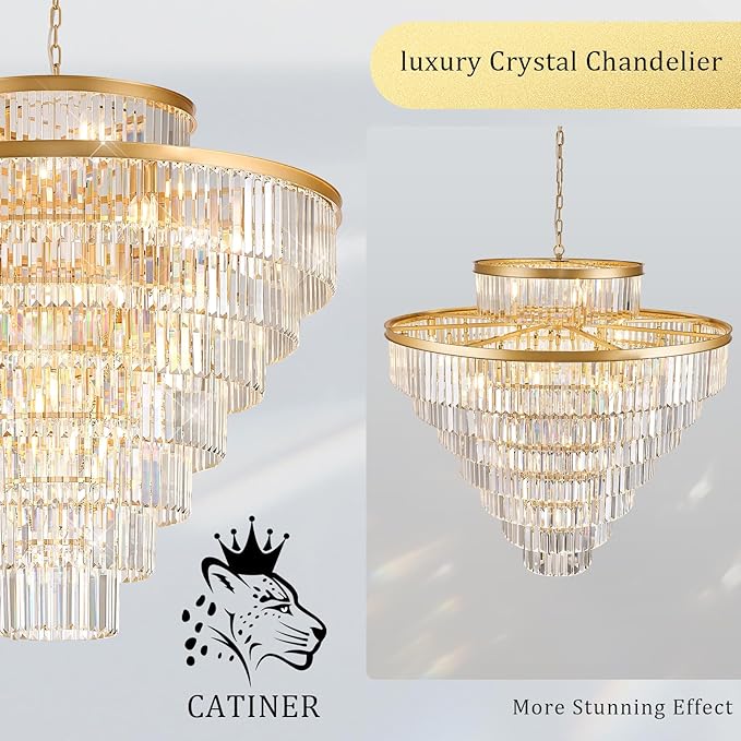 8 Tiers Large Gold Crystal Chandeliers 28 Lights 43.3" Modern Luxury Chandelier for High Ceiling Foyer Round K9 Ceiling Pendant Light Fixture for Living Dining Room Hotel Lobby