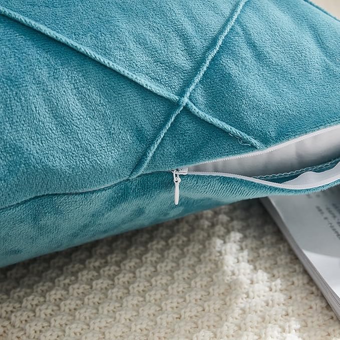 JAUXIO Diamond Pinch Pleated Crystal Velvet Pillowcases 2 Pack Solid Pintuck Throw Cushion Cover for Home Decor Hidden Zipper Closure (Teal Blue, King)