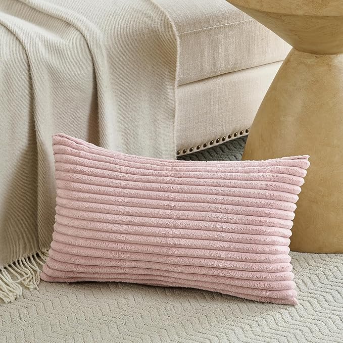 Fancy Homi Set of 2 Blush Pink Boho Small Lumbar Decorative Throw Pillow Cover 12x20 Inch for Couch Bed Chair, Aesthetic Modern Bohemian Room Decor, Soft Fluffy Corduroy Rectangle Cushion Case 30x50cm
