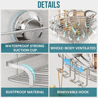TAILI 2 Pack Powerful Suction Cup Corner Shower Caddy, Stainless Steel Rustproof Shower Shelf with Hook, Drill-Free Wall Mounted Basket, Large Capacity Removable Suction Cup Bathroom Organizer, Silver