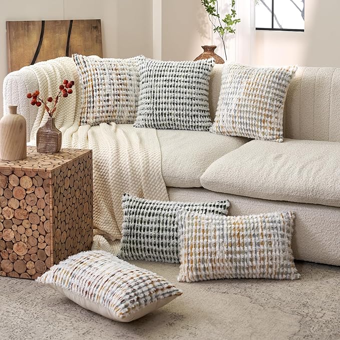 Aeckself Boho Chenille Tufted Pillow Cover 20 x 20 Inch, Decorative Square Throw Pillow Cover Neutral Pillowcase for Couch Bedroom Living Room, Orange White