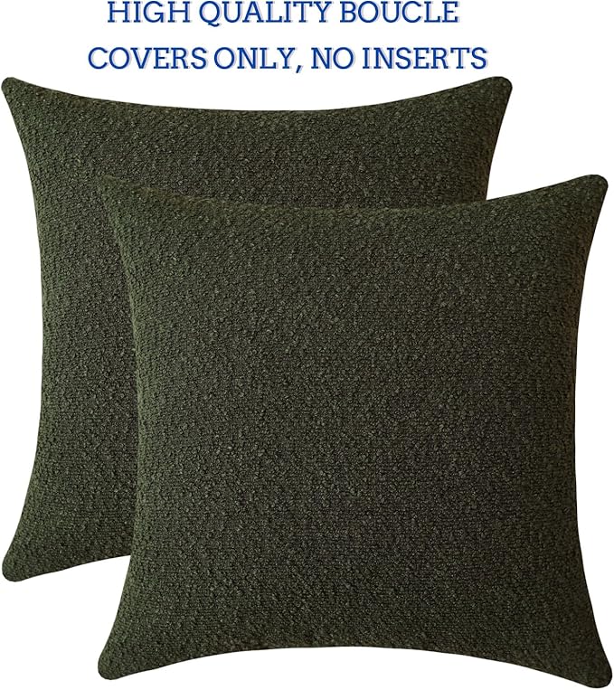 Jeneoo Sage Green Decorative Square Thick Throw Pillow Covers Fine Textured Olive Boucle Couch Cushion Cases for Sofa Living Room Decor, Set of 2, 18 x 18 Inch
