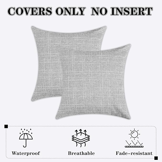 Kevin Textile Pack of 2 Outdoor Waterproof Throw Pillow Covers Decorative Farmhouse Checkered Square Solid Cushion Cases for Patio Garden Porch Sofa Grey 18x18 inch