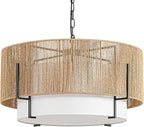 25.6" Large Rattan Chandelier, 6-Light Boho Pendant Light with Fabric Shade, Farmhouse Rattan Hanging Ceiling Light Fixture for Dining Room, Living Room, Kitchen Island, Bedroom, Hallway, Foyer