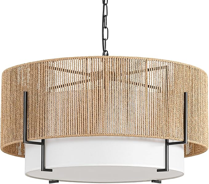 25.6" Large Rattan Chandelier, 6-Light Boho Pendant Light with Fabric Shade, Farmhouse Rattan Hanging Ceiling Light Fixture for Dining Room, Living Room, Kitchen Island, Bedroom, Hallway, Foyer