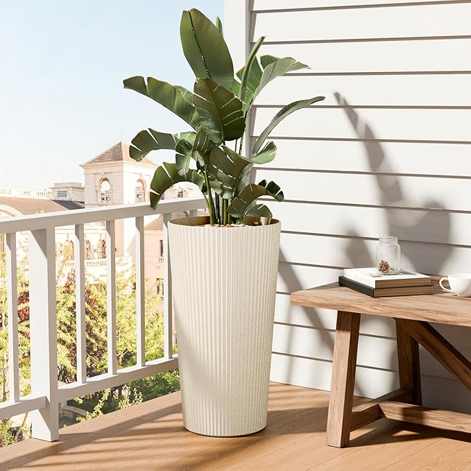 FONTOI 23.6" Tall Planter for Outdoor Plants Set of 2 Large Outdoor Plastic Striped Flower Pots, Front Porch Furniture, Garden Pots, Decorative Planters for Indoor/Outdoor, Patio, Balcony, Beige