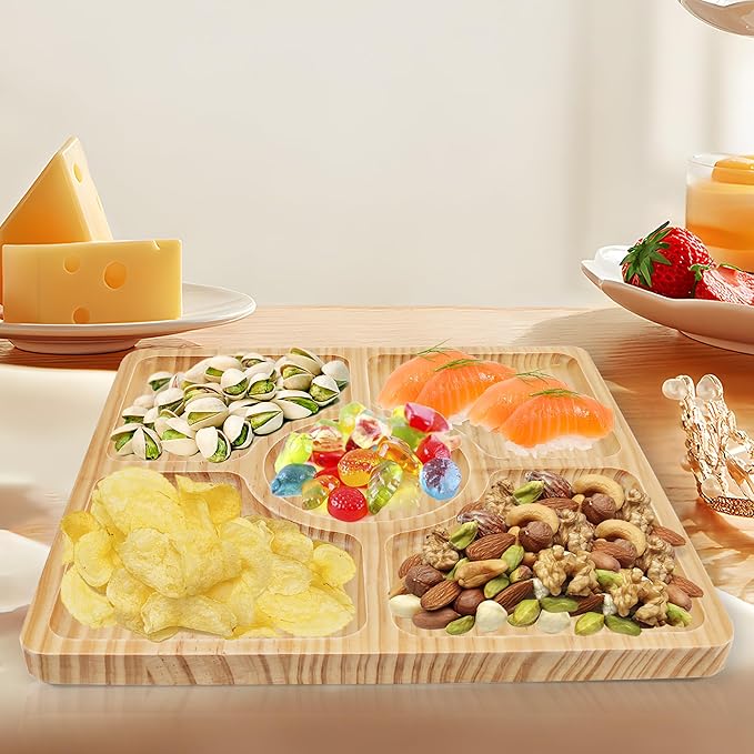 WILLKOMMEN Wood Divided Serving Tray, 11'' Square Tray Chip and Dip Platter, Serving Tray with 5 Sections for Appetizers & Snacks, Veggie Platter, Food Trays for Party