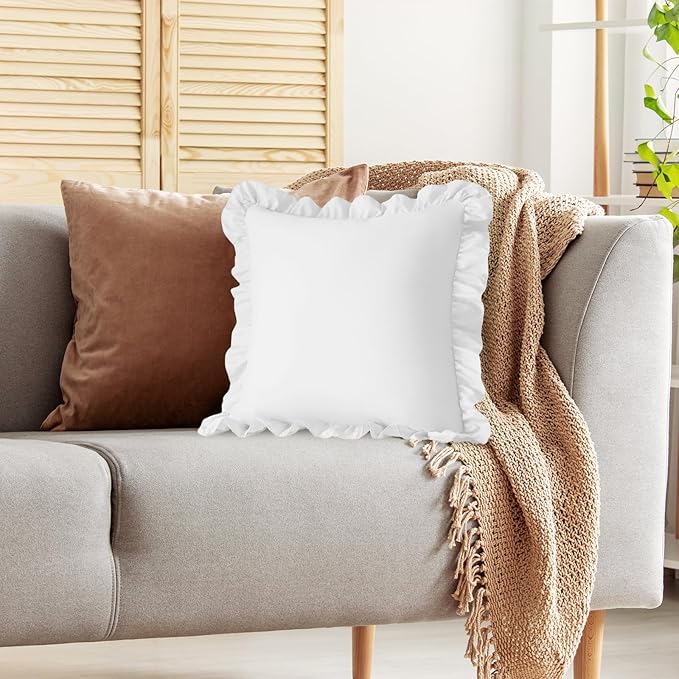 KKJIAF Ruffle Pillow Cases 26x26 Inches, White Square Ruffled Pillow Covers Set of 2, Microfiber Wrinkle Resistant Pillow Shams with Envelope Closure for Sofa Bed Living Room