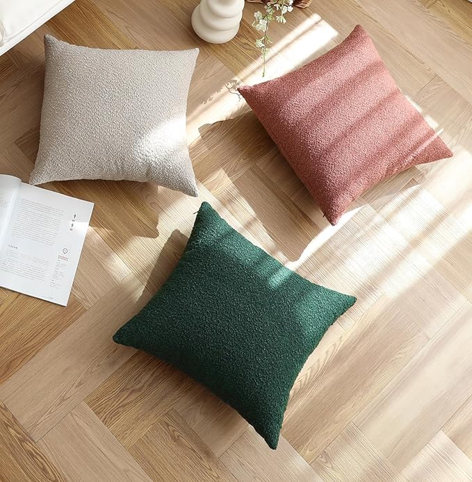 Jeneoo Khaki Decorative Square Thick Throw Pillow Covers Fine Textured Boucle Couch Cushion Cases for Sofa Decor, Set of 2, 18 x 18 Inch