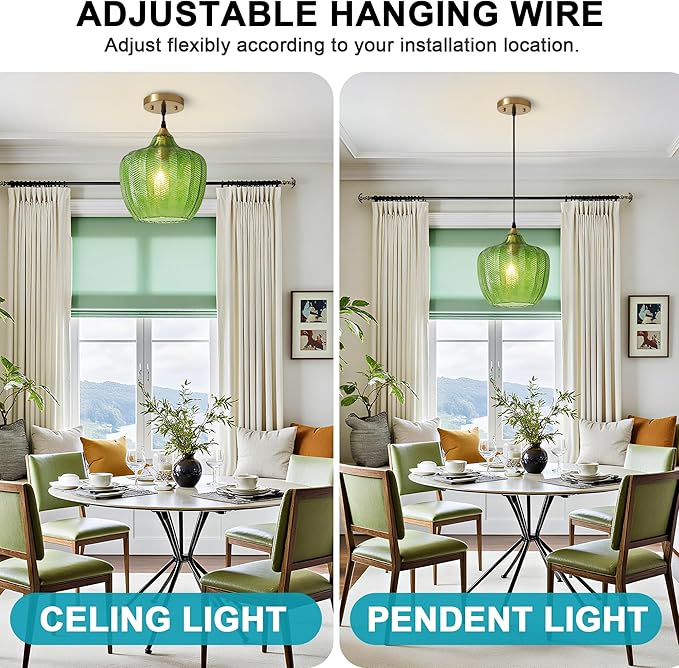 Modern Gold Pendant Light, Green Glass Farmhouse Kitchen Island Pendant Light Fixture Adjustable Vintage Hanging Ceiling Light for Dining Room Corridor Bedroom 9.45 inch