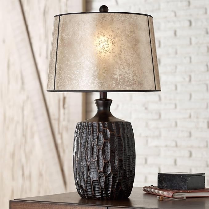 Franklin Iron Works Kelly 25 1/2" High Farmhouse Rustic Country Cottage 3-Way Table Lamp USB Cord Dimmer Brown Finish Single Mica Shade Living Room Charging Bedroom Bedside Nightstand (Colors May