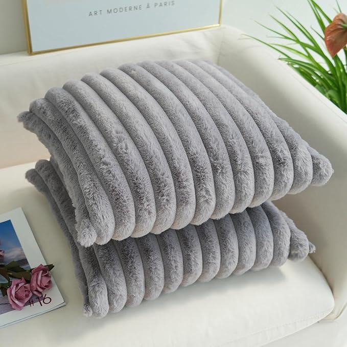 JOJUSIS Pack of 2 Faux Fur Plush Decorative Throw Pillow Covers Couch Cushion Case Soft Pillowcases (Grey, 16 x 16-Inch)