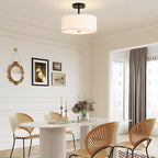 3-Light Semi Flush Mount Ceiling Light Modern Black Drum Light Fixtures with White Fabric Cover Shade Round Chandelier for Bedroom Living Room Kitchen and Hallway