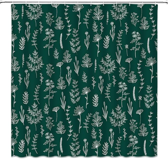 Emerald Green Botanical Shower Curtain Vintage Herbs Floral Farmhouse Cute Boho Leaves Plant Retro Flowers Bathroom Curtain Set with Hooks(70" WX70 H)
