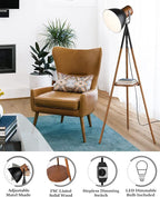 ELYONA Dimmable Tripod Floor Lamp with Table, Wood Standing Lamp with Adjustable Metal Shade, Modern End Table with Reading Light for Livingroom, Bedroom, Office, LED Bulb Included, Black & Brown