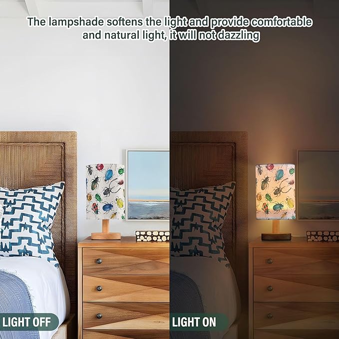 Table Lamp Watercolor Insect Beetle Pattern Nightstand Lamp with Wood Base Fabric Lamp Shade Bedside Desk Lamp for Living Room Bedroom Kids Room Office