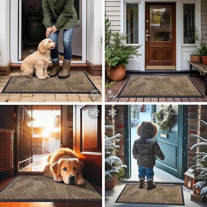 Smiry Front Door Mat Indoor Outdoor Entrance, Heavy Duty Natural Rubber, Sturdy Trap Dirt, Moisture Doormat and Easy Clean Low Profile Patio Porch Entryway Mat, 36x24 Inch, Brown/Geometric