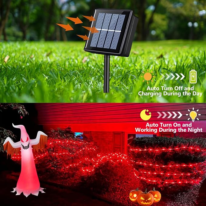 QITONG 4 Pack Red Solar Fairy Lights, Each 33ft 100 LED Christmas String Light Outdoor Waterproof, 8 Modes Silver Wire Mini Twinkle Lights