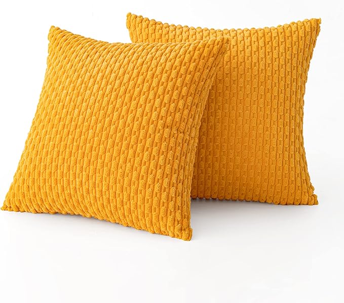 MIULEE Pack of 2 Decorative Throw Pillow Covers 16x16 Inch Soft Boho Striped Textured Corduroy Pillow Covers Modern Farmhouse Home Decor for Couch Bed Sofa Living Room Golden Yellow