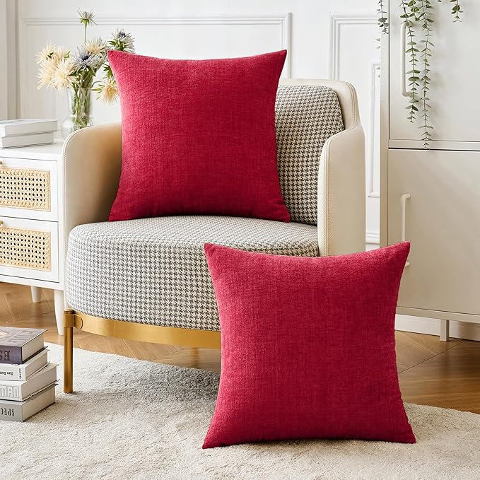 MIULEE Pack of 2 Christmas Red Couch Throw Pillow Covers 20x20 Inch Soft Polyester Chenille Pillow Covers for Sofa Living Room Solid Dyed Pillow