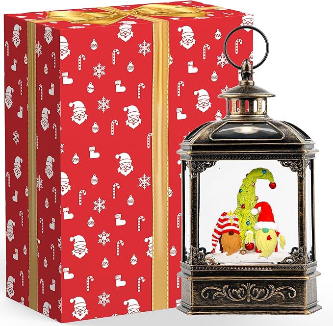 Christmas Snow Globe Lantern Water Glittering Gnomes Scandinavian Santa Elf with Music, USB Lined/Battery Operated Lighted Lantern for Christmas Festival Decoration Gifts
