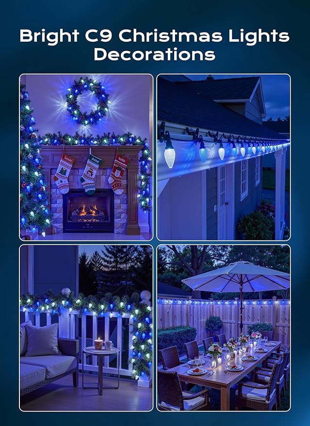 C9 Christmas Lights Outdoor, 66 FT 100 LED Connectable C9 String Lights with 8 Modes and Timer Xmas Tree Patio Roofline Garden Yard Holiday Party Indoor Outdoor Decoration, Blue and White