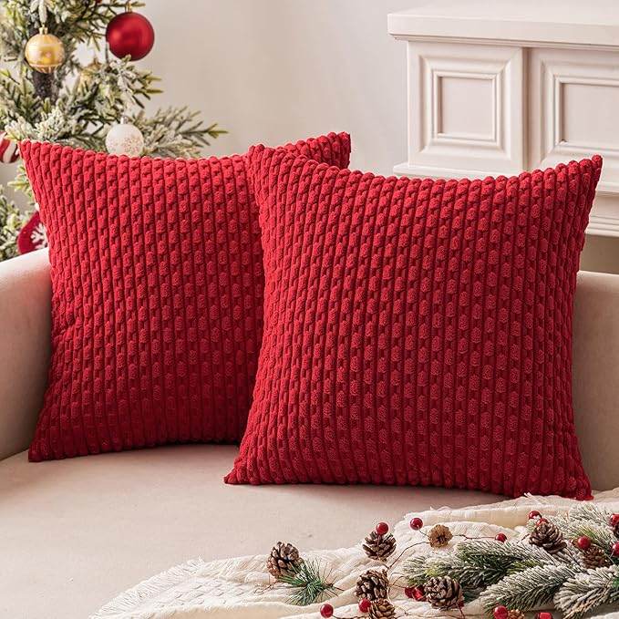 MIULEE Christmas Red Throw Pillow Covers Soft Corduroy Decorative Set of 2 Boho Striped Pillow Covers Pillowcases Farmhouse Home Decor for Couch Bed Sofa Living Room 18x18 Inch
