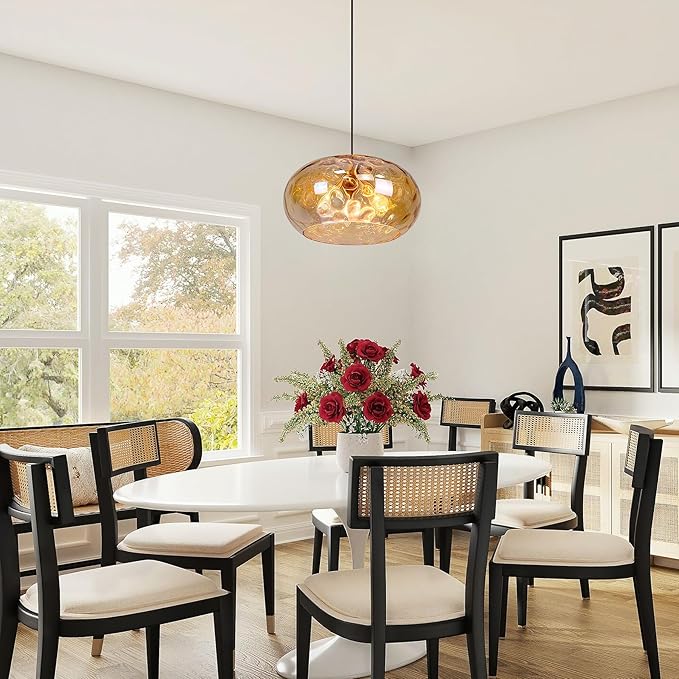 Large Glass Pendant Lighting, 14" Hammered Lampshade Hanging Lamp, 3-Light Brass Gold Chandelier for Dining Living Room Kitchen Island (Amber Glass Shade, 14 Inches)