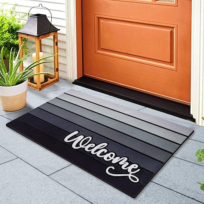 Bulijojo Grey Entrance Door Mat Large 17 x 30 Inch Entry Way Doormat Front Door Rug Outdoor Heavy Duty Welcome Mat, Non Slip Rubber Back Low Profile