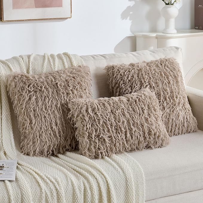 FUTEI Khaki Decorative Throw Pillow Covers 22x22 Inch Set of 2,Soft Fluffy Faux Feather Texture Cushion Cases,Modern Home Luxury Decor for Couch Bed Living Room