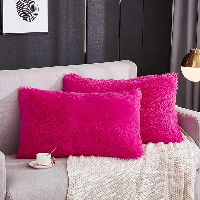 WERDIM Shaggy Fluffy Faux Fur Pillowcases 2 Pack Button Closure Velvet Pillow Shams Standard/Queen Size (Hot Pink, 20 X 26 Inches)